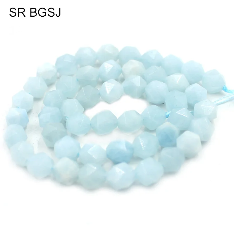 

Free Shipping 8mm Faceted Round Polygonal Blue Aquamarines Aqua Gems Natural Stone DIY Wholesale Beads Strand 15"