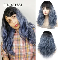 long body synthetic wave wigs ombre 1b haze blue with black bangs for women heat resistant hair daily cosplay wig