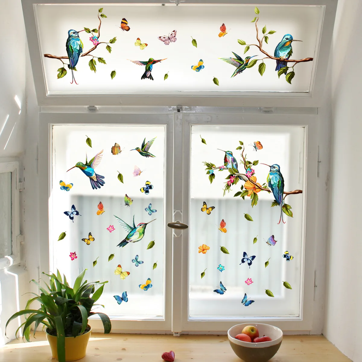 

Tofok Branch Hummingbird Butterfly Electrostatic Glass Sticker Window Wall Sticker Double-sided Visual Decorative Wall Sticker