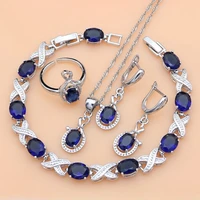 fashion women blue sapphire silver 925 jewelry sets long earrings with stone gift for her luxury bracelet wedding necklace set