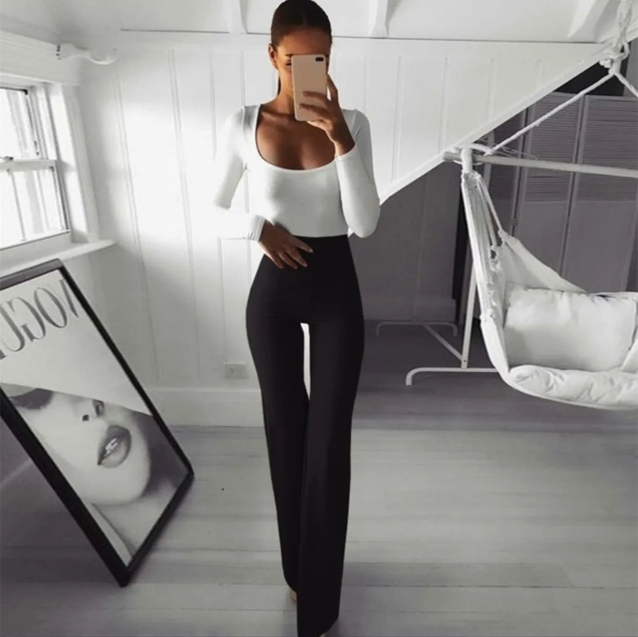 

New Casual Retro Women Plain Solid High Waist Flare Wide Leg Chic Trousers Slim Long Loose OL Work Pants Plus Size Autumn Pants