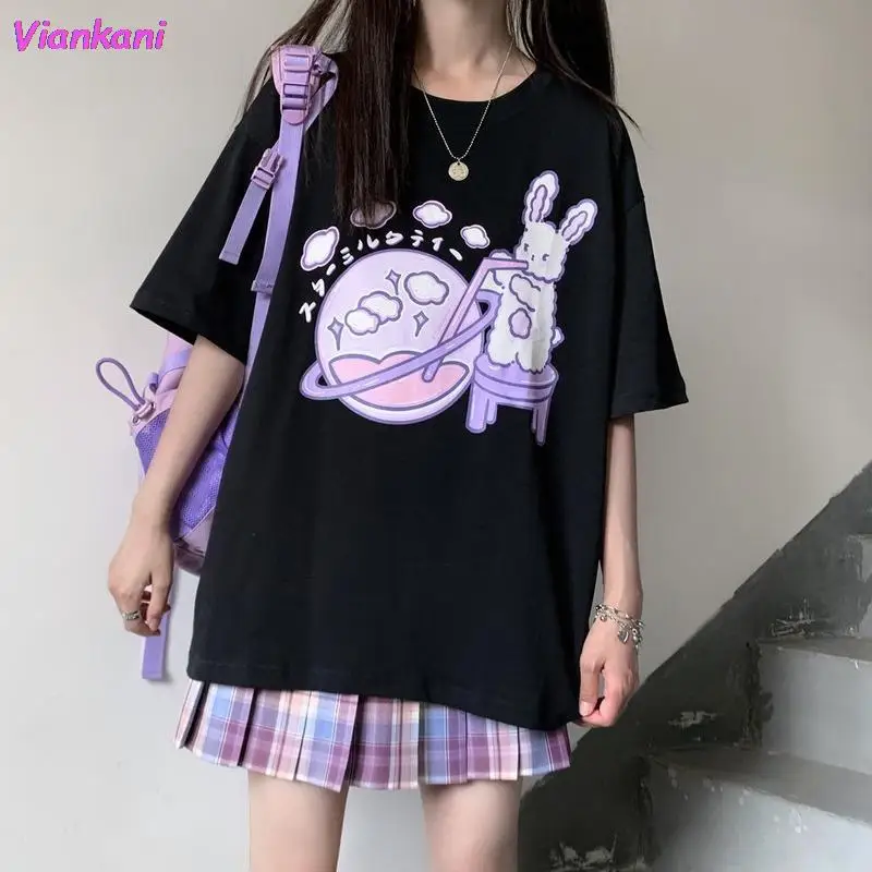 

Women Kawaii Graphic T Shirts Women 2021 Gothic Rabbit Print Streetwear Alt Clothes Aesthetic Top Mujer Japanese Style Tee Shirt