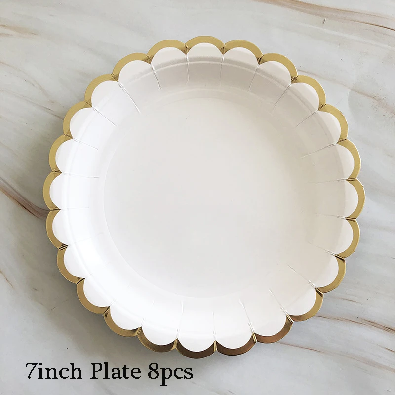 7inch plate 8pcs Белые одноразовые столовые приборы, вечерние, золотые, бумажные тарелки, стакан с соломинкой, для первого дня рождения, вечеринки, свадьбы, декор для детей, детские вечерние принадлежности - Цвет: 7inch plate 8pcs