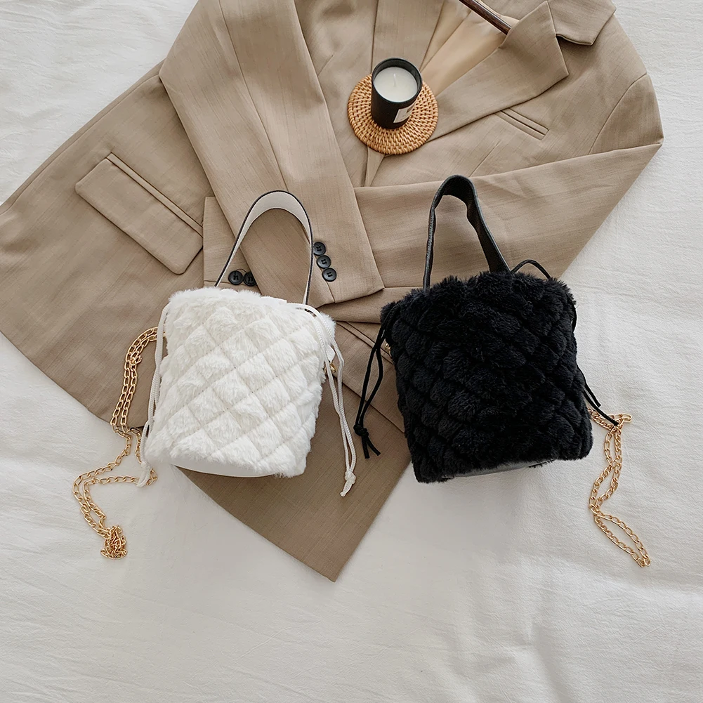 

Youth Ladies Simple Versatile Bag Fashion Solid Plush Drawstring Bucket Tote Casual Women Shoulder Crossbody Bag