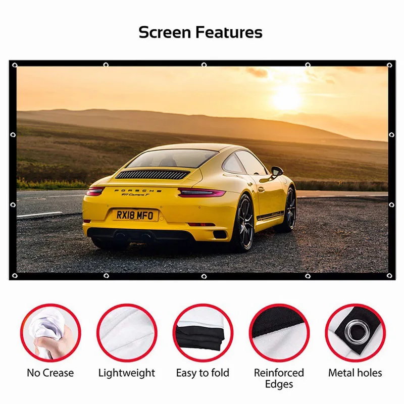 ZK20 60/72/84/100/120/150inch 3D HD Projector Screen 16:9 Anti-Crease Projection Movies For Home Outdoor With Pack Hooks | Электроника