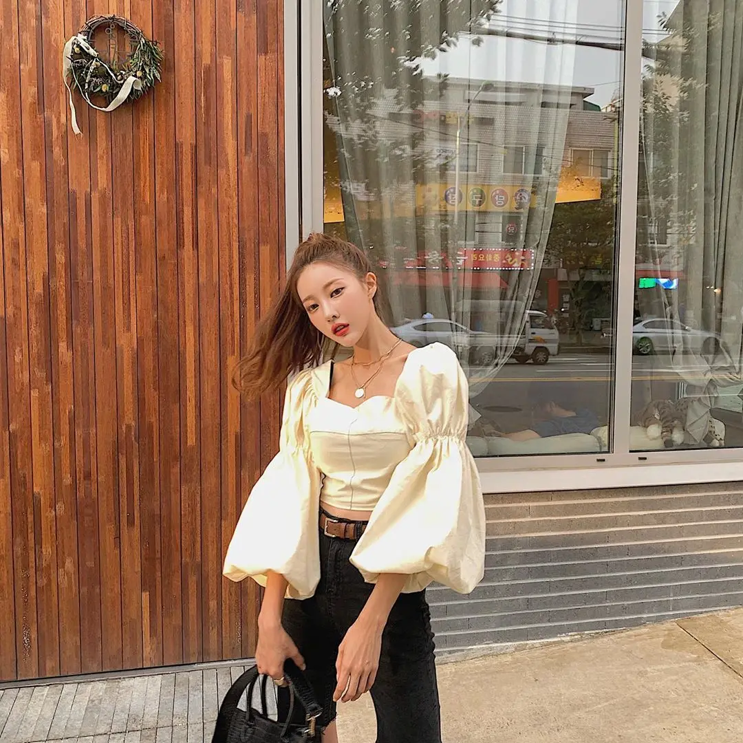 WHITNEY WANG блузки женские 2019 осень мода уличная футболка с пышными рукавами и