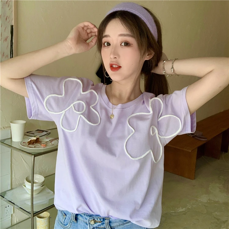 

Summer 2021 O-neck Short Sleeve T Shirts Loose Women's Clothing Casual Korean Sweet Style Floral Tees Hipster Ladies Tops Solid