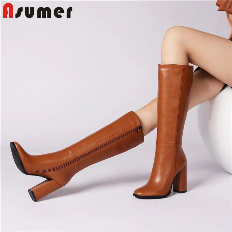 

ASUMER 2021 new arrive women knee high boots round toe zip autumn winter vintage high heel shoes fashion long boots ladies