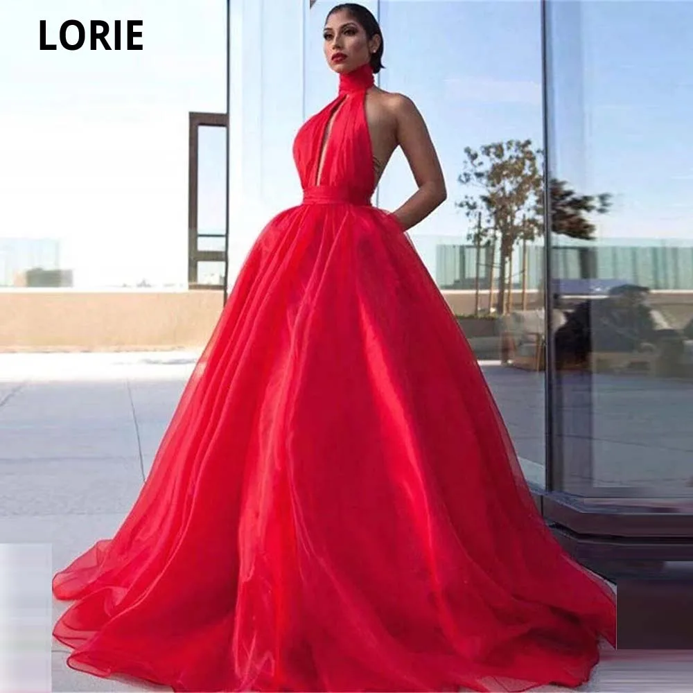 

LORIE Red High Neck Sleeveless Organza Ball Gown Backless Evening Dresses Women Party Dresses vestidos de fiesta de noche 2021