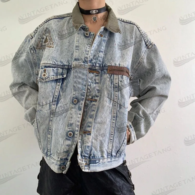 

B-TOTO American Retro Stitching And Old Washed Denim Jacket Tide Ins Female Spring And Autumn All-match 2021