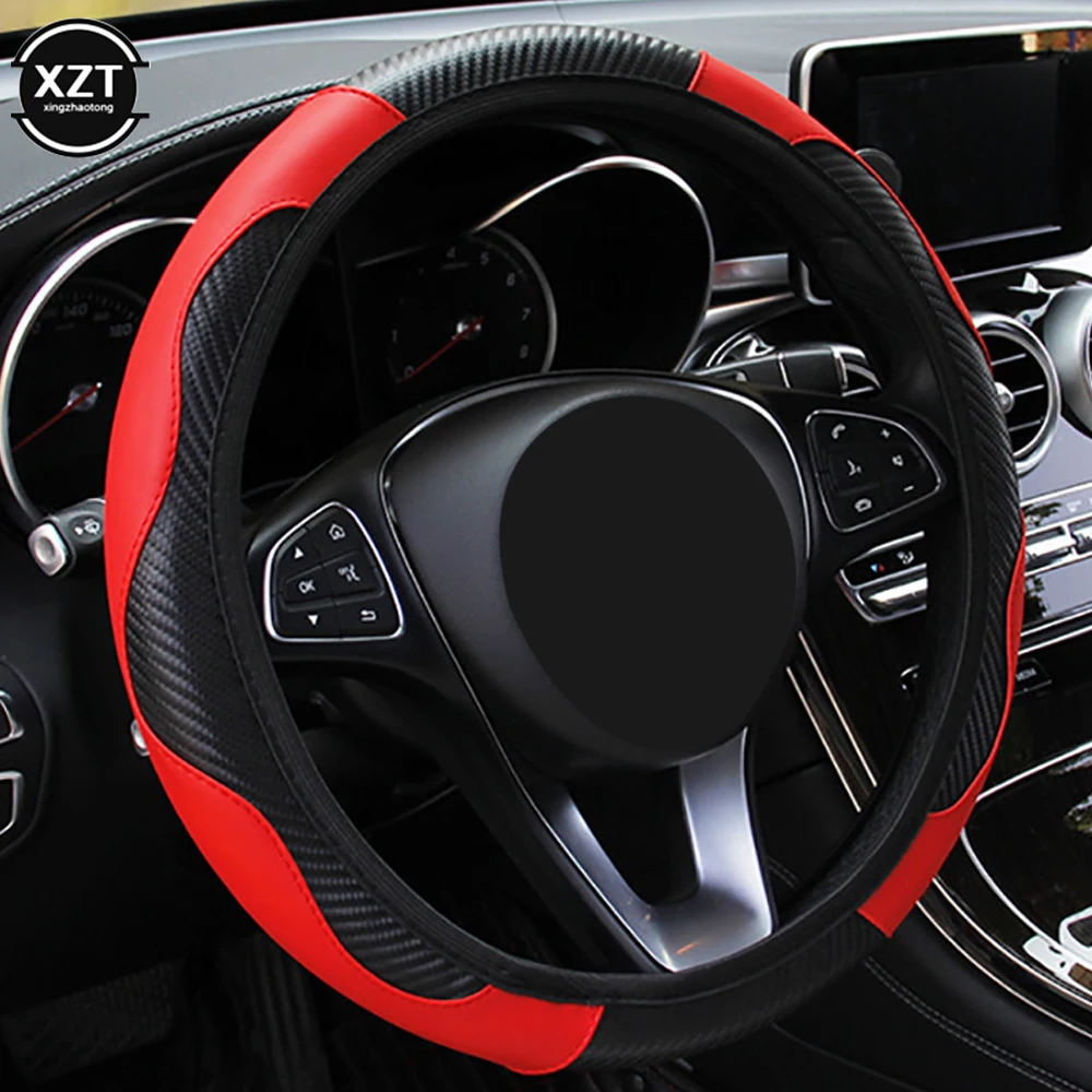 

Car Steering Wheel Cover Breathable Anti Slip PU Leather Steering Covers Auto Decoration Carbon Fiber Suitable 37-38cm