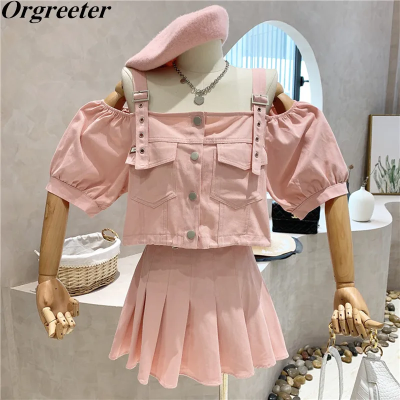 

Женский комплект из 2 предметов, повседневный топ с открытыми плечами, короткими рукавами-фонариками, плиссированная мини-юбка с высокой та...