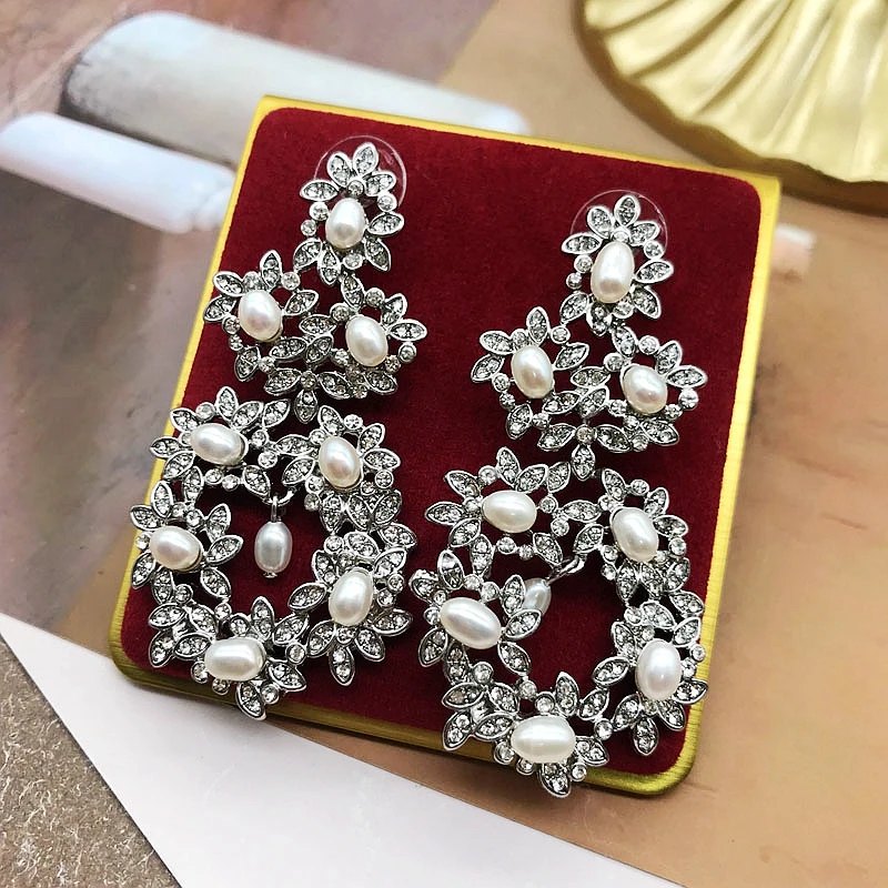 

Freshwater Natural Pearl Earrings Stud Luxuries Crystal Bridal Jewelry Statement Vintage Accessories