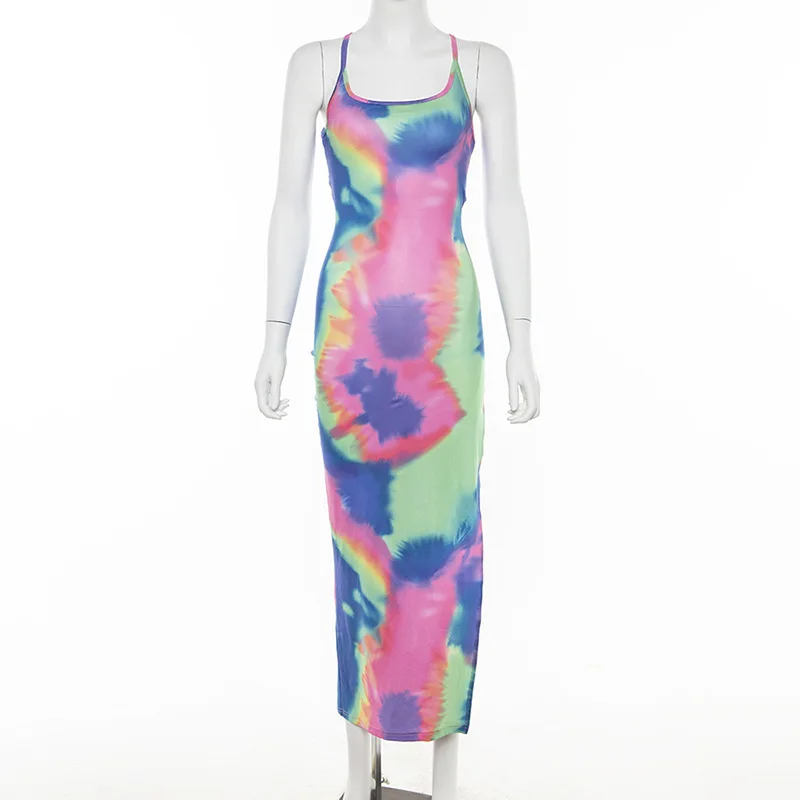 

Hugcitar tie dye spaghetti straps lace up bodycon slit midi dress sexy 2019 summer women fashion backless long party streetwear