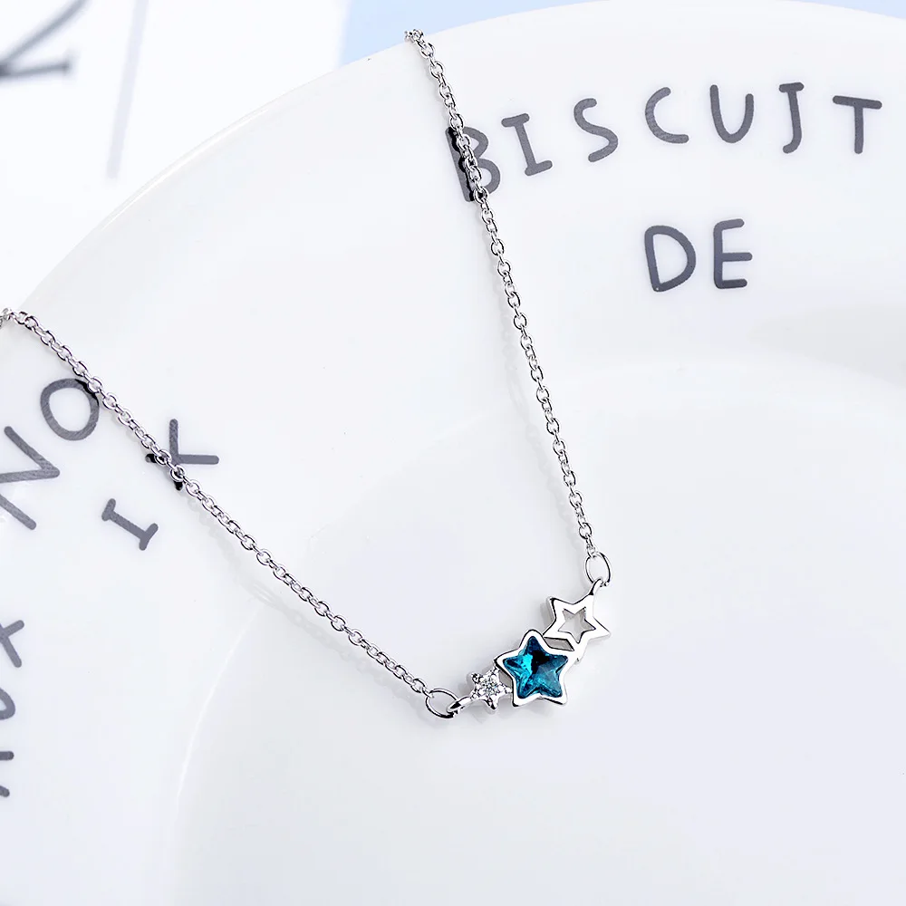 Женское колье из серебра 925 пробы с синим кристаллом циркония | Украшения и