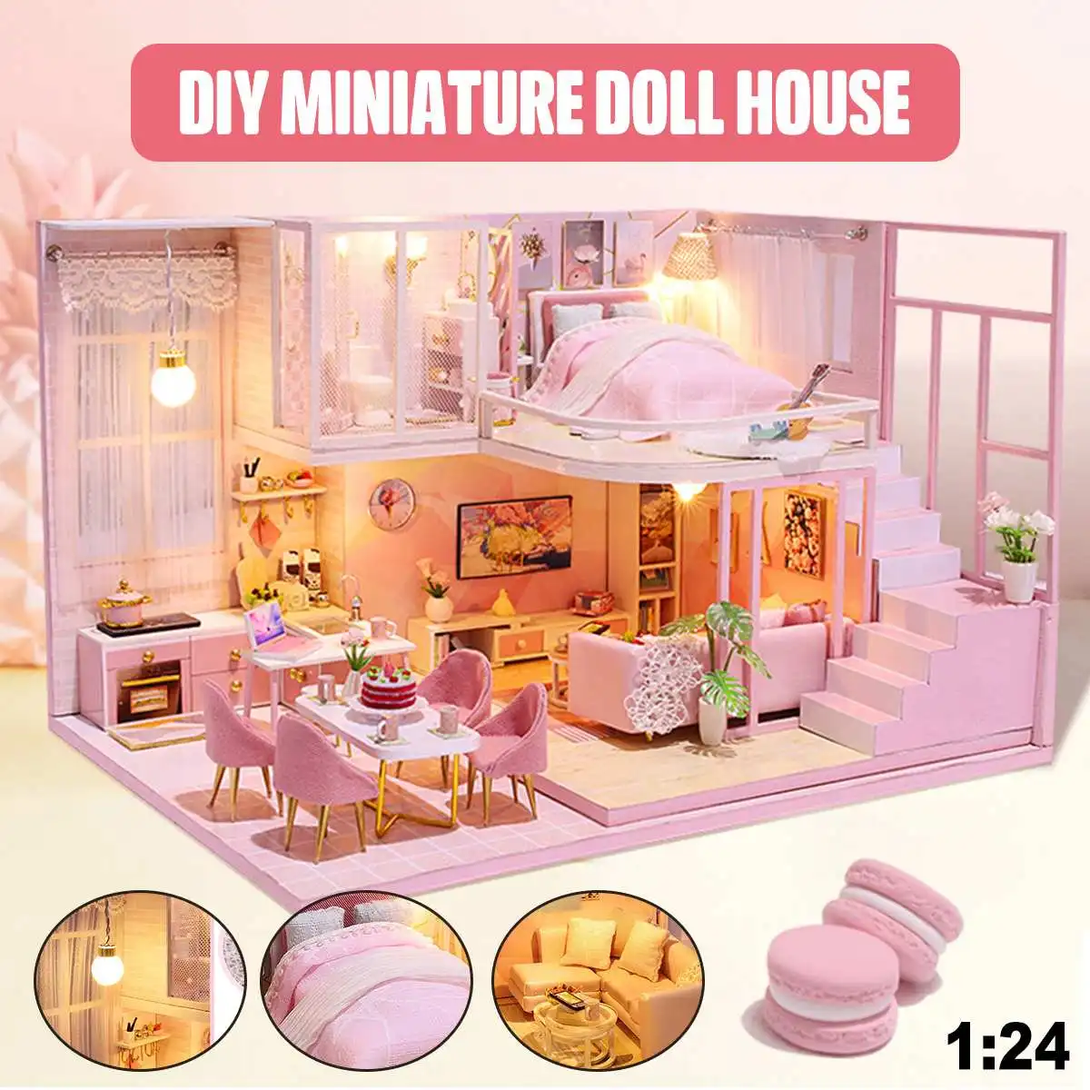 

Doll House Furniture DIY LED Lights Miniature Model Dust Cover 3D Wooden Dollhouse Christmas Birthday Gifts Toys For Children