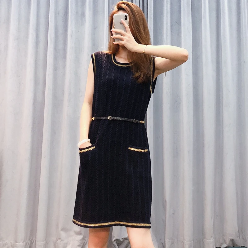

Luxury Brand Designer Women Knitting Dress 2021 SUmmer Sleeveless Pink/Black Loose Straight Mini Tank Dress