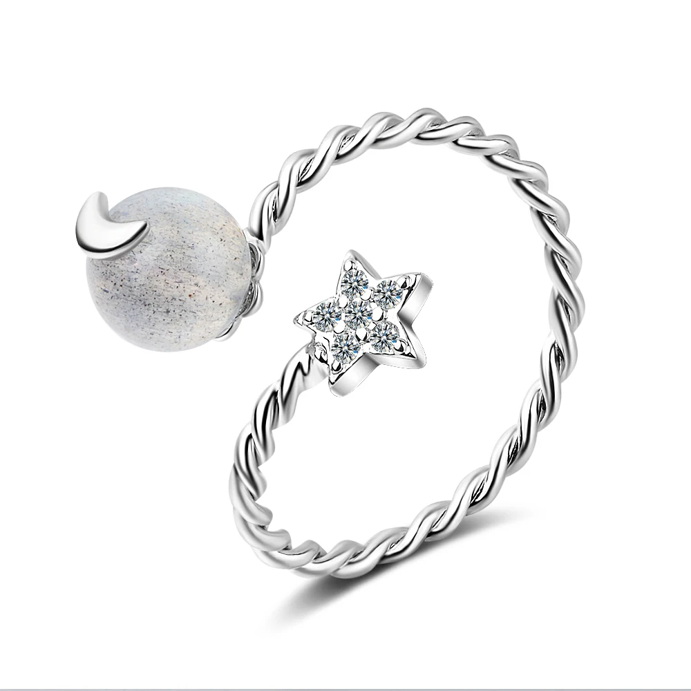 

925 Sterling Silver New Woman Fashion Jewelry High Quality Pink Agate Star Moon Crystal Ring Size Adjustable Open Ring