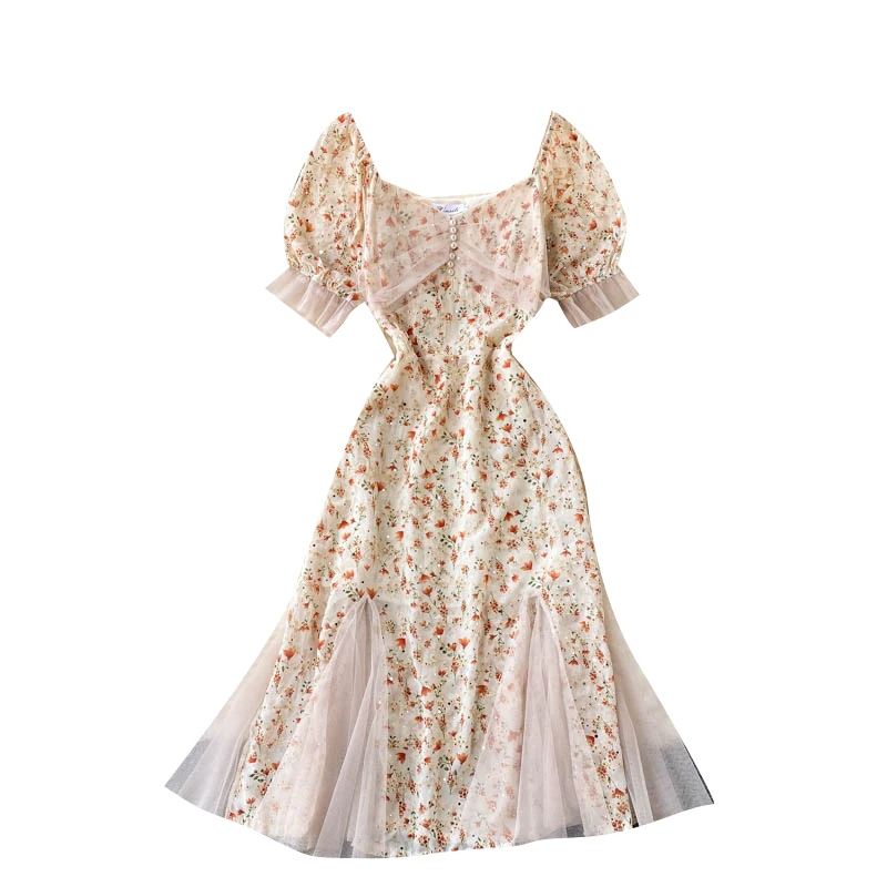 

Aibeautyer Summer Bohemian Print Holiday Midi Sundress Women Korean Floral Dress Chic Splice Sweet Mesh Puff Sleeve A-line Dress