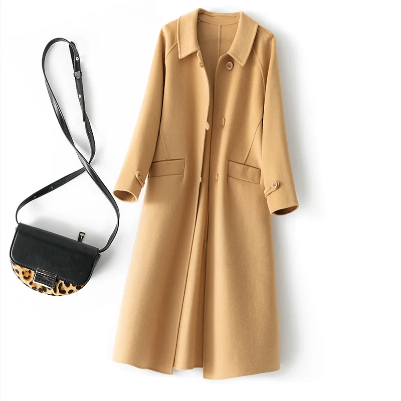 

Женское двухстороннее кашемировое твидовое пальто средней длины, модель 2022 года, высококачественное Однотонное шерстяное твидовое пальто ...