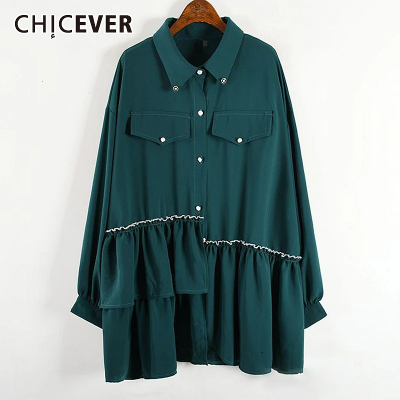 CHICEVER Корейская Лоскутная рубашка с оборками для женщин воротник лацканами