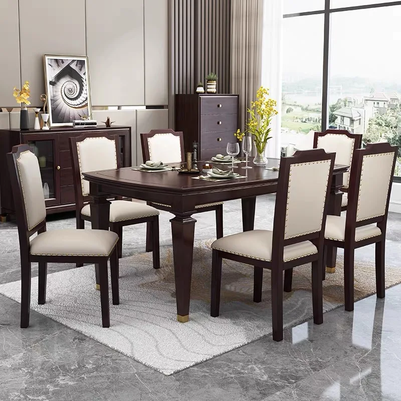 

European-Style Family Dining Table Classical Post-Modern Smooth Table And Chair Matching Solid Wood Furniture 6 Person
