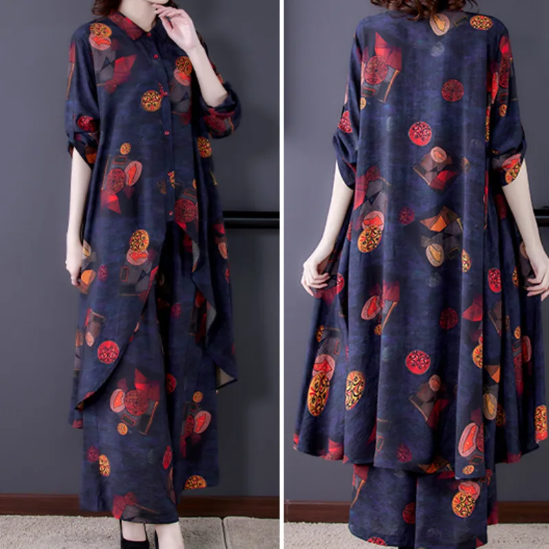 

2021 Spring Womens Plus Size Dress Summer Mother Noble Loose Korean Fashion European American Wide Leg Pants Two-Piece