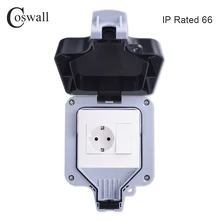 Coswall IP66 Waterproof Outdoor BOX EU Standard Wall Socket With 1 Gang Switch / Female TV Jack / CAT6 RJ45 Data Internet Outlet