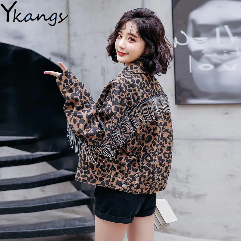 

Harajuku 2020 Vintage Leopard Print Jean Jacket Streetwear Women tassel Long Sleeve Bomber Outwear Casual Loose Short Denim Coat