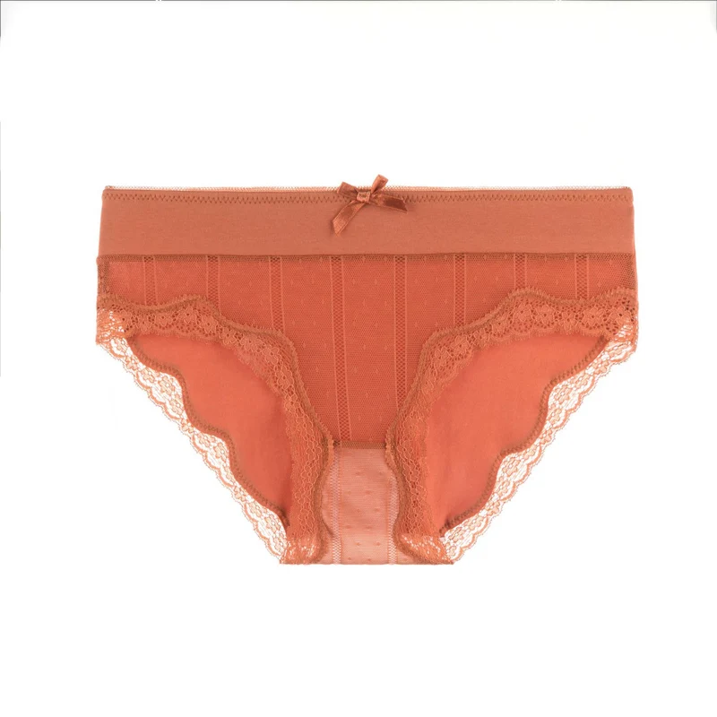 

Roseheart Women Fashion Orange Cotton Bow Mid Waist Panties Underwear Lingerie Seamless Lace Briefs Underpants M L XL