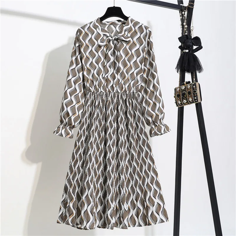 Весенне-осеннее женское шифоновое платье с принтом длинным рукавом винтажное