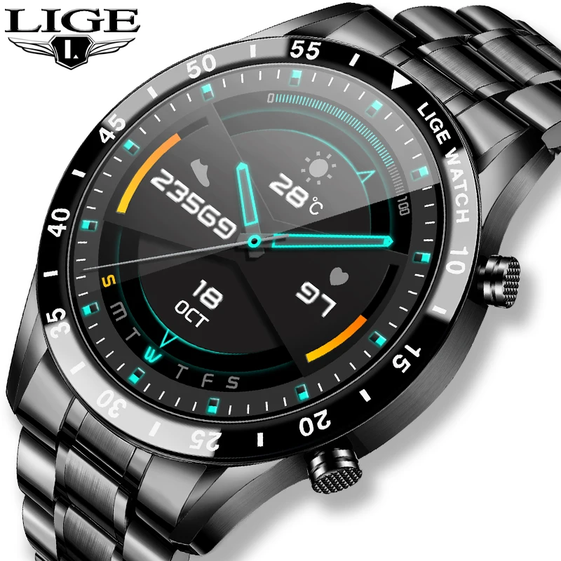 

LIGE 2020 New Full Touch Screen Smart Bluetooth Call Watch Mens Heart Rate Blood Pressure For Android IOS Luxury Smart Watch Men