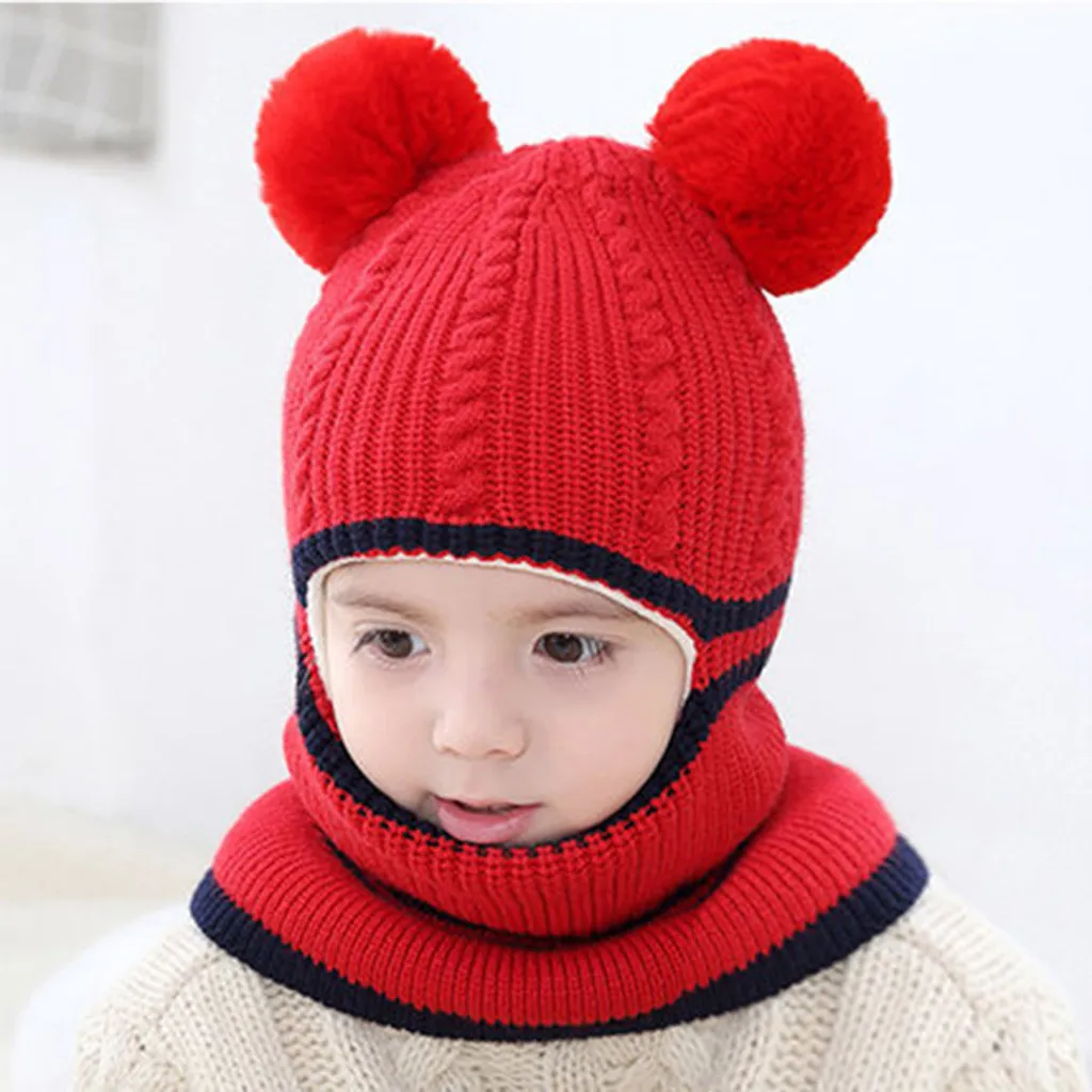 Baby Hat Scarf One-pieces Boys Girl Pompon Hats for Kids Winter Warm Knit Crochet Beanie Cap Children Caps 2-5Y | Детская одежда и