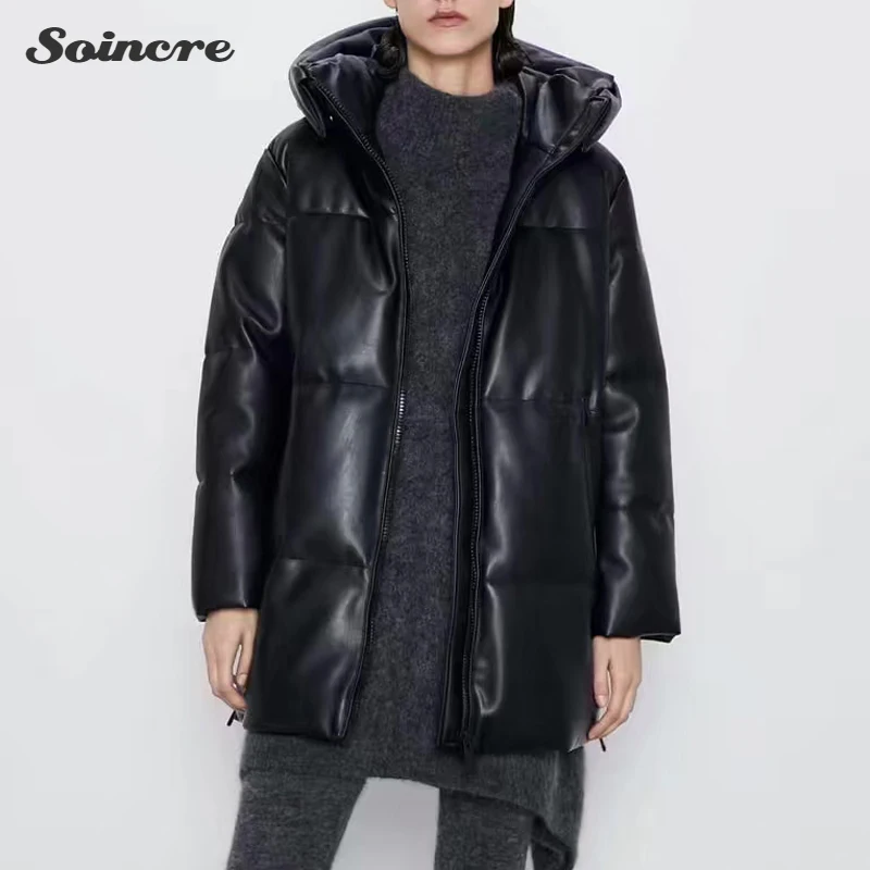 

Winter Zipper Hooded Solid Black Parkas Women Fashion PU Leather Cotton Long Coats Female Elegant Casual Loose Ladies Jackets