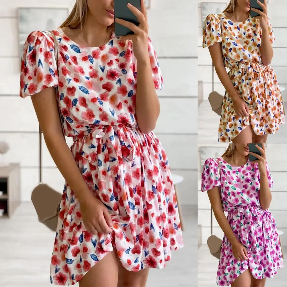 

Ladies Sweet Dress Floral Print High Waist Puff Short Sleeve Lace Up Dress Daily Wear Sexy Round Neck Summer Dresses Versatile