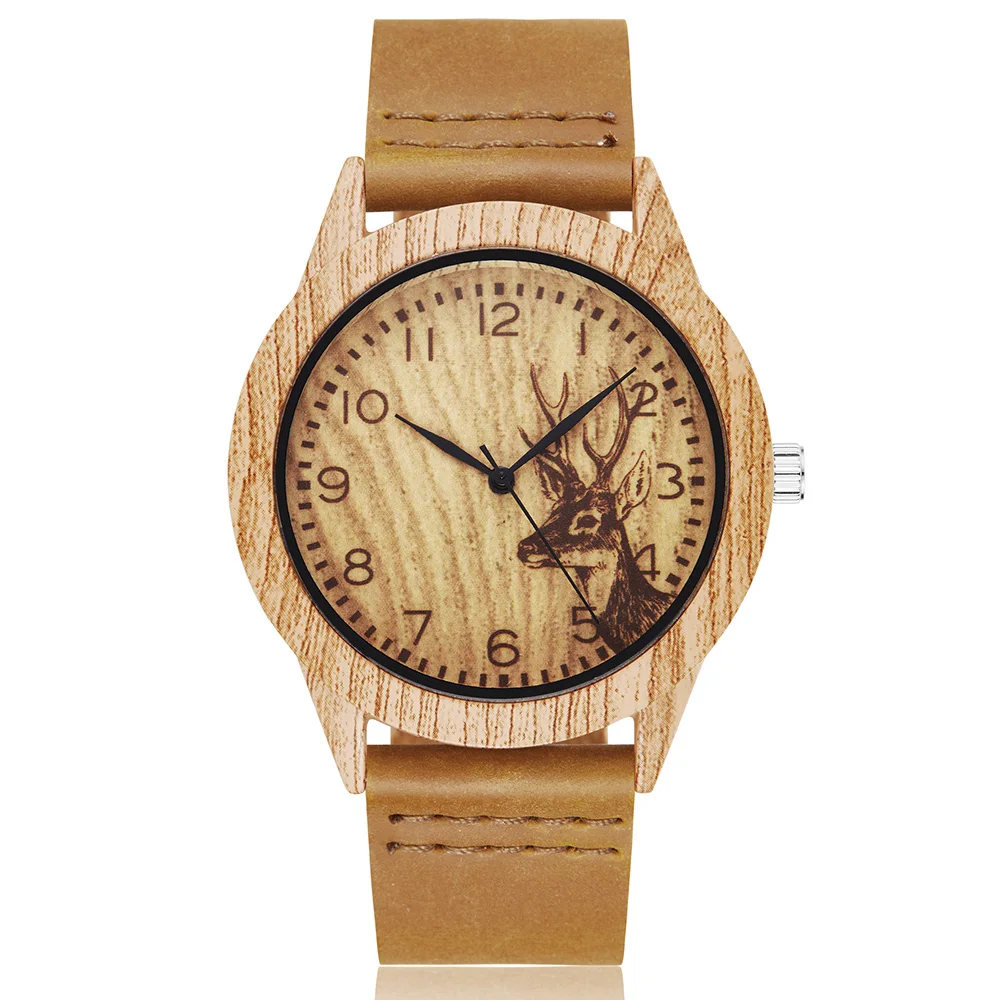 

Fashion Casual Wood Watches Men Fashion Design Deer Watch Soft Leather Band Analog Quartz Watch Reloj Hombre Relogio Masculino