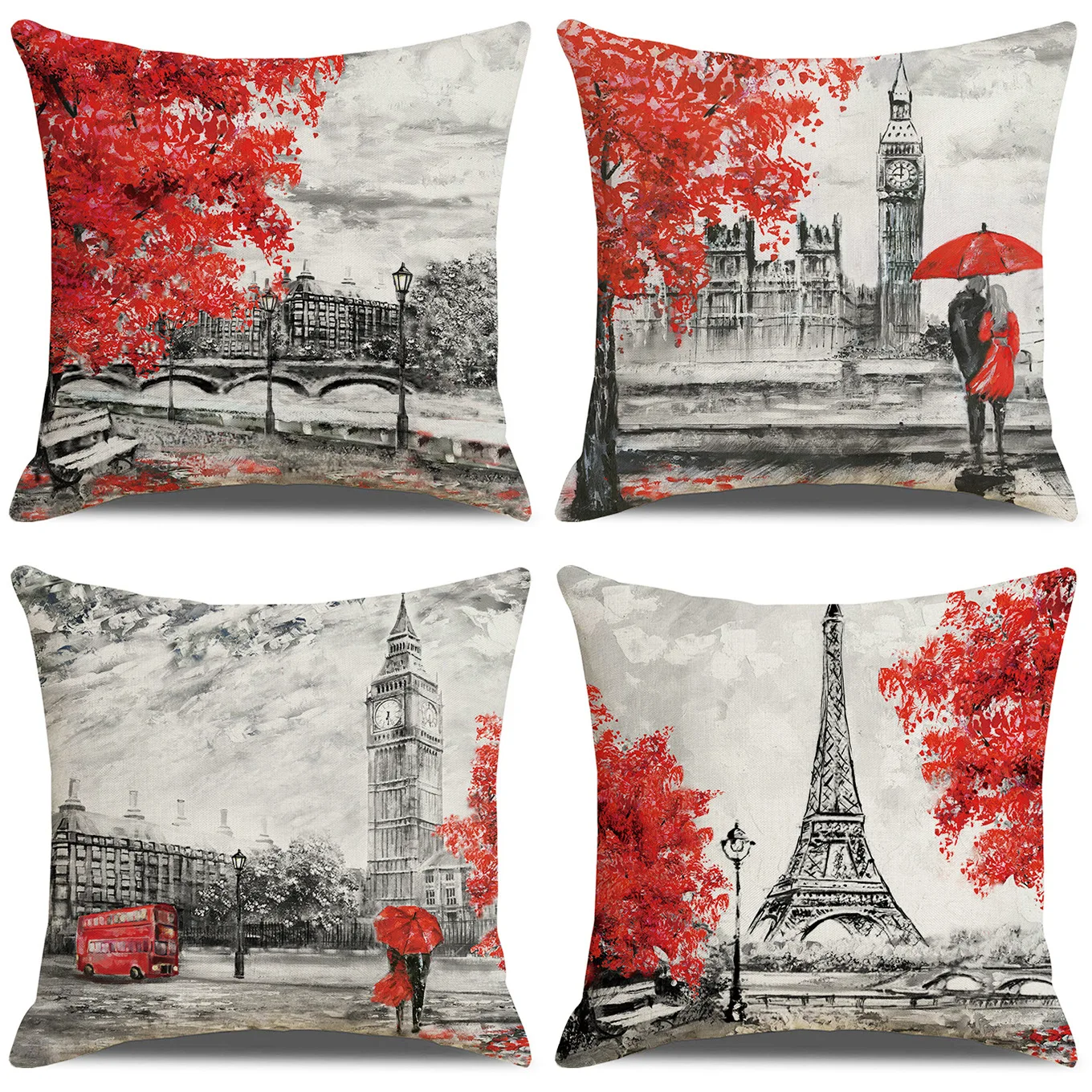 

2021 Valentine's Day red watercolor landscape printing linen home pillow cover cushion cover