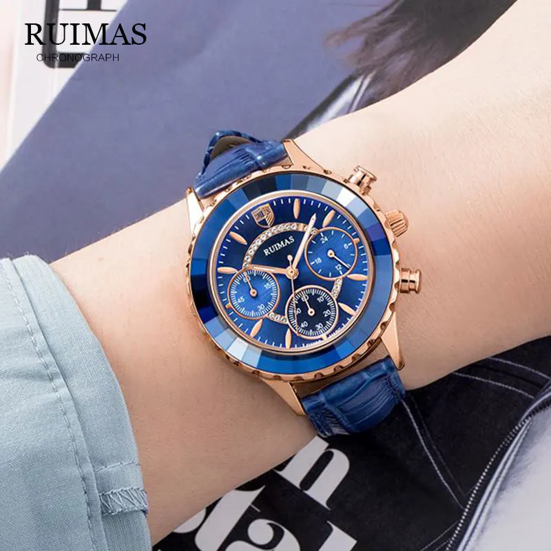 Женские часы RUIMAS роскошный бренд синие классические хронограф для наугад