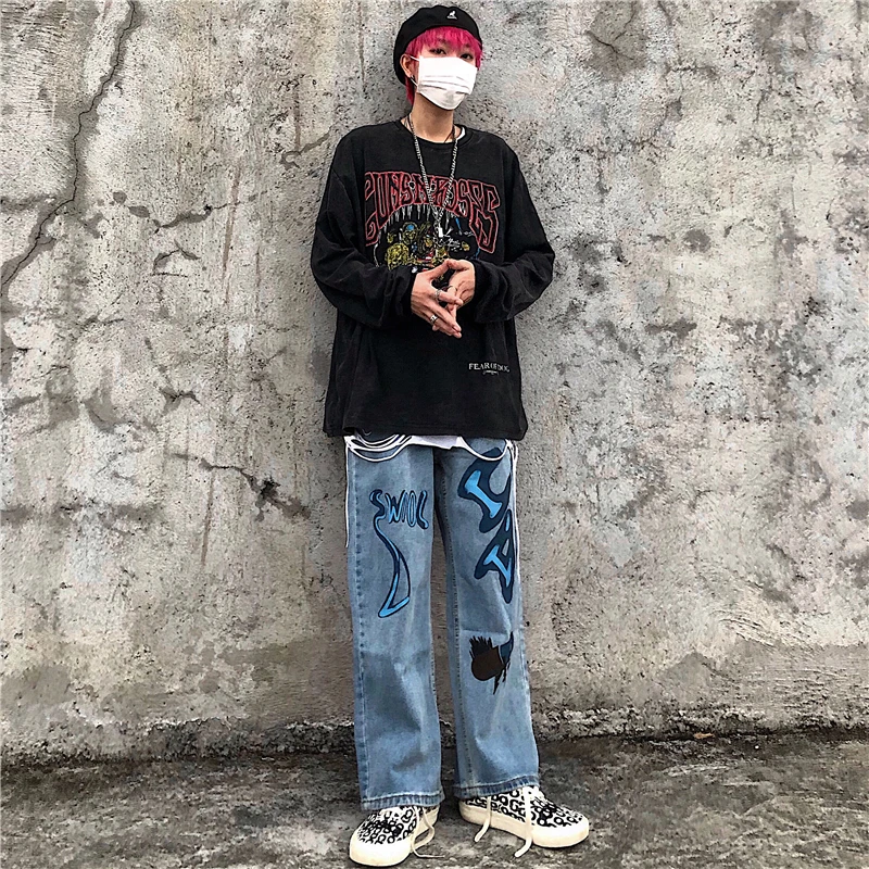 

2020 New Summer Casual Jeans Woman Long Pants Female Denim Cowboy Loose Streetwear Hit Color Graffiti Pants