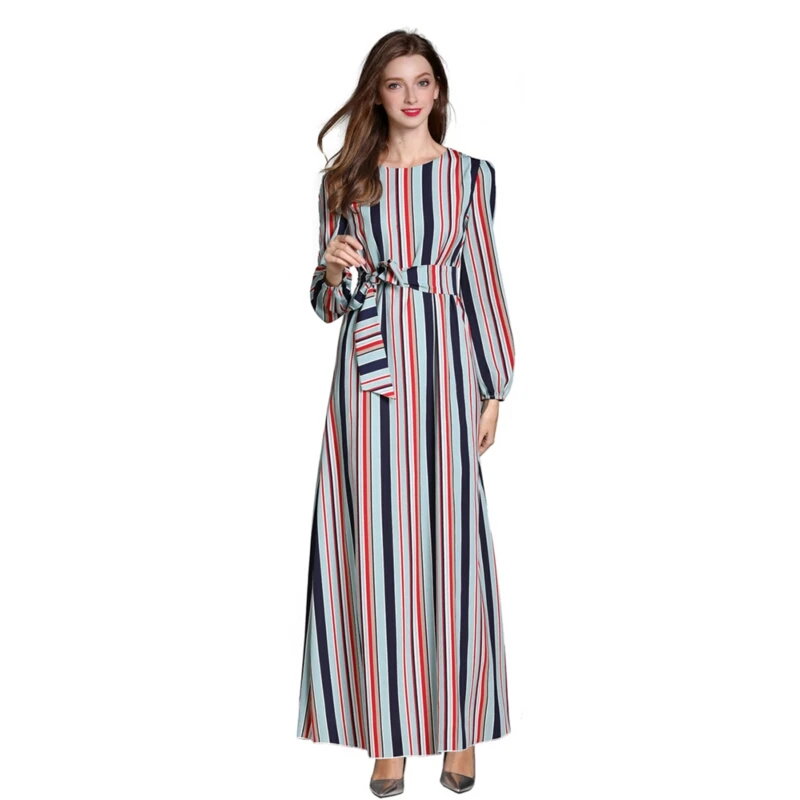 

Multicolor Striped Kaftan Dubai Opened Gown Dress For Women Loose Maxi Dress Long Sleeve Muslim Turkey Robe Femme Arabic Clothes