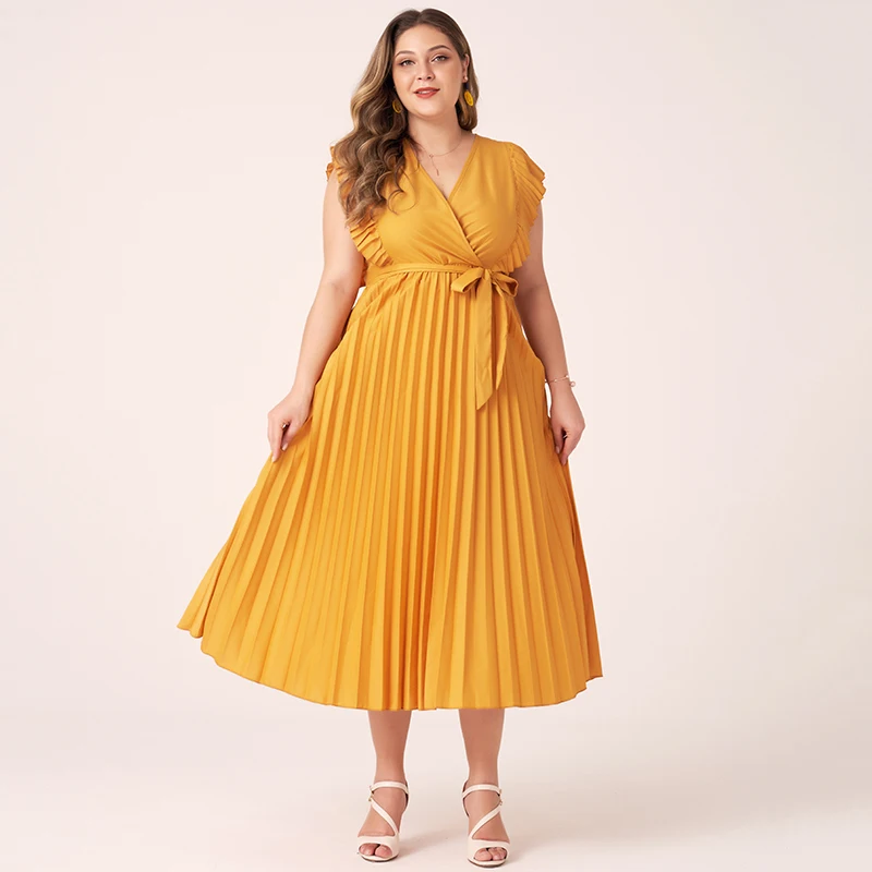 

2021 Summer Midi Dress Women Plus Size Green Yellow Burgendy Wine Red Pleated Sashes Fungus Hat-sleeve Sleeveless Holiday Robes