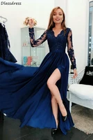 2021 new prom dress simple applique sequin chiffon split v neck floor length long sleeve evening dress vestido de fiesta de boda