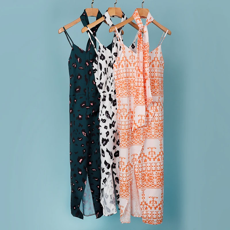 

Women Leopard Spaghetti Strap Split Dress V-Neck Sleeveless Sexy Female Beach Slip Dresses Lace Up Elegant Ladies Vestidos