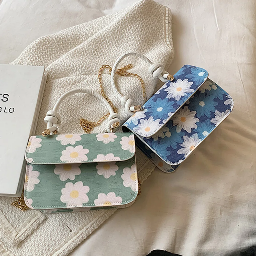 

2021 Women's Fashion Flap Handbags Casual Fresh Flowers Printing PU Chain Mini Shoulder Messenger Bag for Women