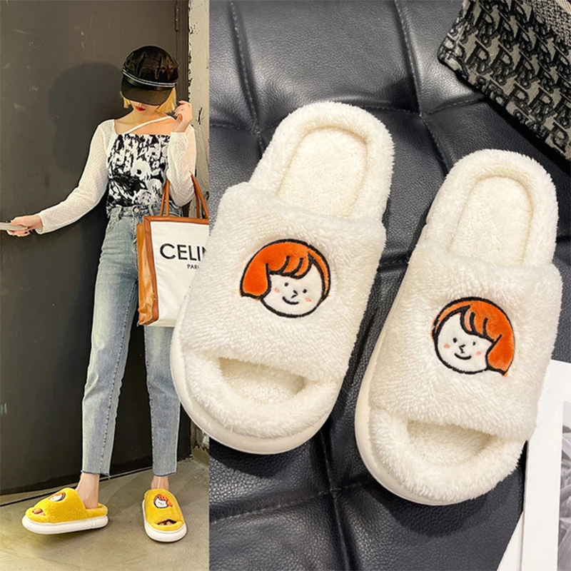 Winter Indoor Women Slippers House Plush Warm Fur Cute Cartoon Faux Fur Fashion Home  Couples Slip On Flats Floor Shoes 45