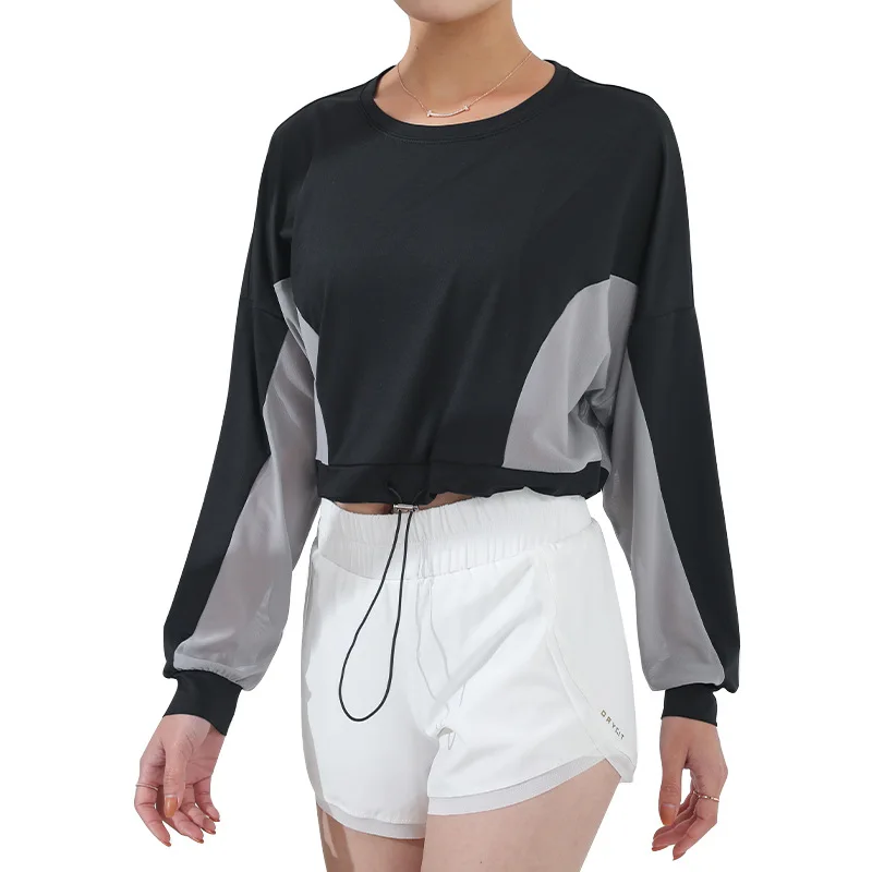 

New Mesh Color Contrast Patchwork Loose Short Long Sleeve Sports Top Women's Breathable Quick-Drying Slimming Yoga Clothes