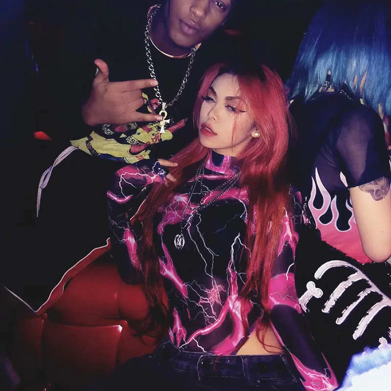 Модный женский комбинезон с принтом молнии осень 2019 сетчатый длинным рукавом