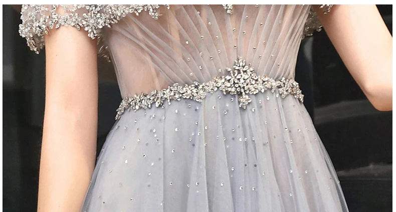 

2020 new Evening Dresses with Sleeves Sexy O Neck hand madeBeaded Sequins Prom Party Gowns Tulle A Line sister of the Bride