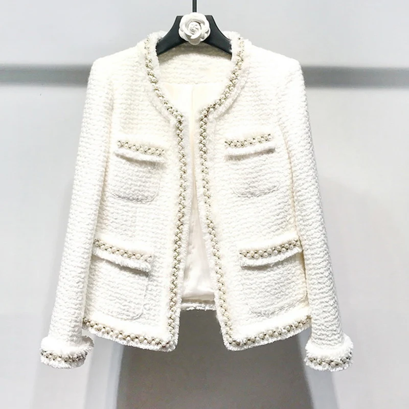 White tweed women jacket Hand-made beads spring / autumn / winter woolen coat new Wool classic jacket Ladies