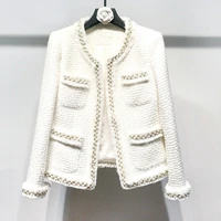 white tweed women jacket hand made beads spring autumn winter woolen coat new wool classic jacket ladies